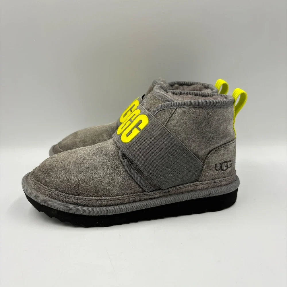 UGG Neumel Logo Kids Size 1 Grey Neon Yellow Good Suede Elastic Strap Boots